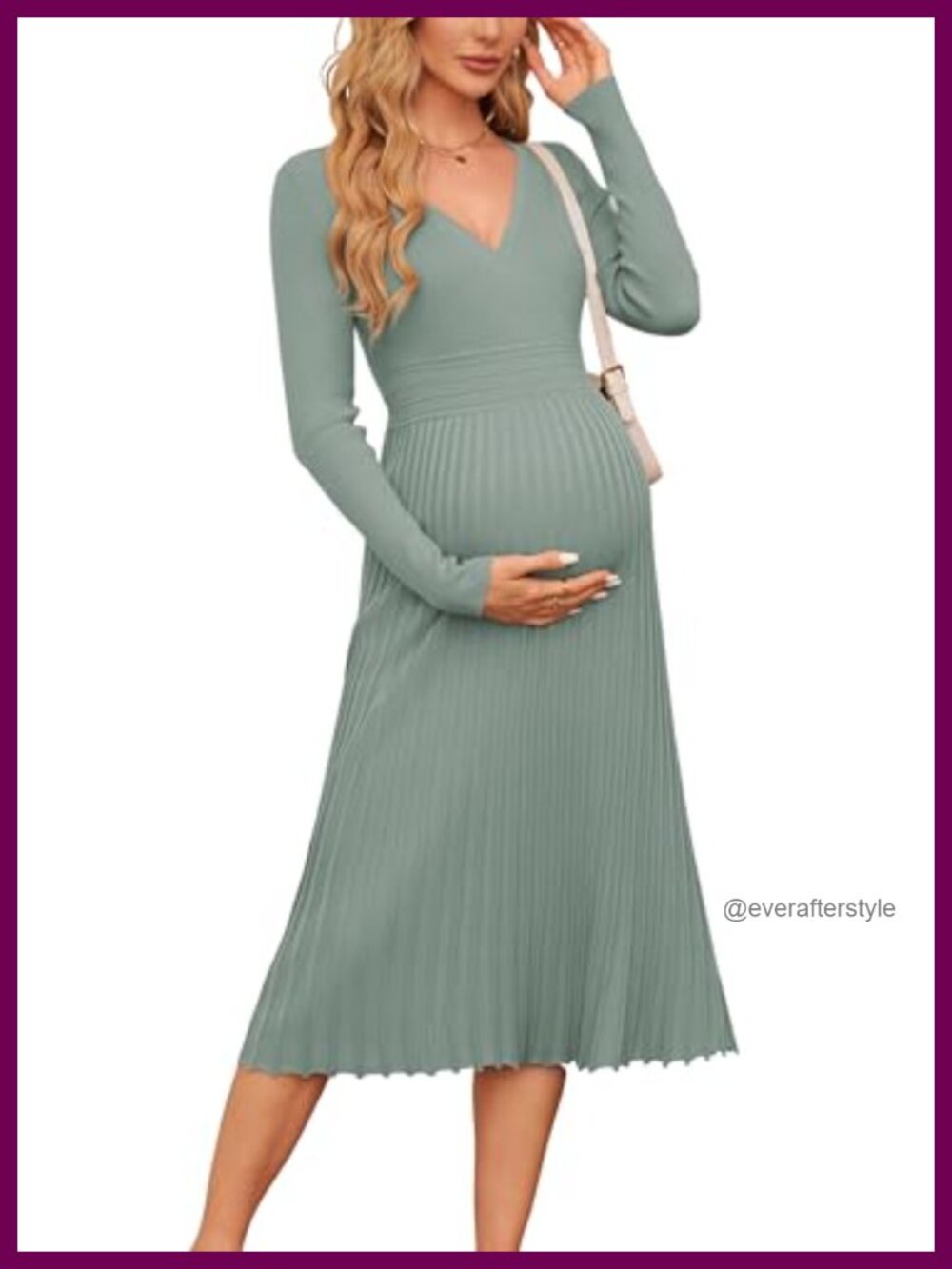 Women's Maternity Midi Dress Long Sleeve Wrap V Neck Pleated Sweater Dress